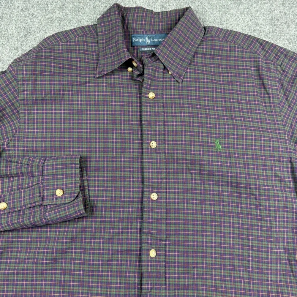 Ralph Lauren Button Down Shirt Men Large Purple Green Plaid Classic Fit Long Slv